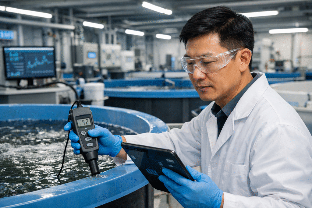 스마트 육상 양식장에서 어류 상태를 점검 중인 외국인 수산양식 기술자 (E-7 비자 전문 인력 채용)