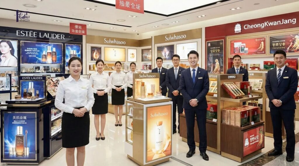 면세점 화장품 및 인삼 매장에서 미소 짓는 중국인 판매 사무원 (E-7 비자 외국인 채용)