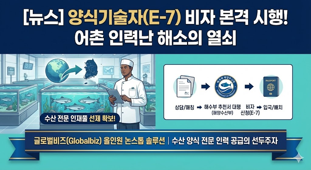 Read more about the article E-7 비자 양식 기술자 채용으로 어촌 인력난 해결 — 글로벌비즈 올인원 지원